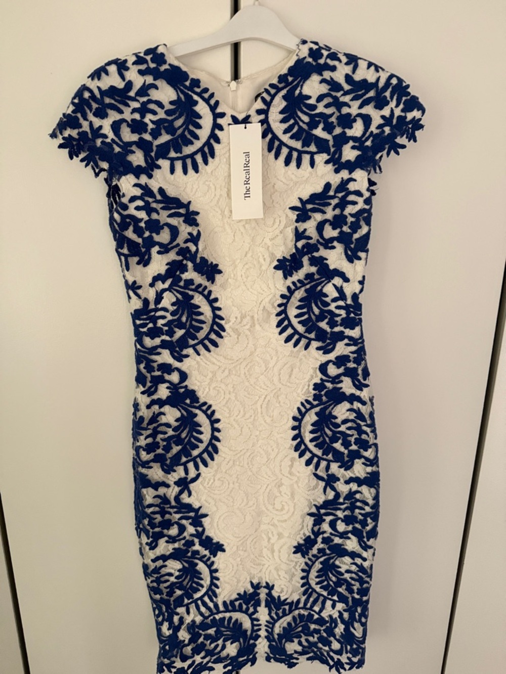 Tadashi Shoji White Lace Midi Dress with Royal Blue Embroidery